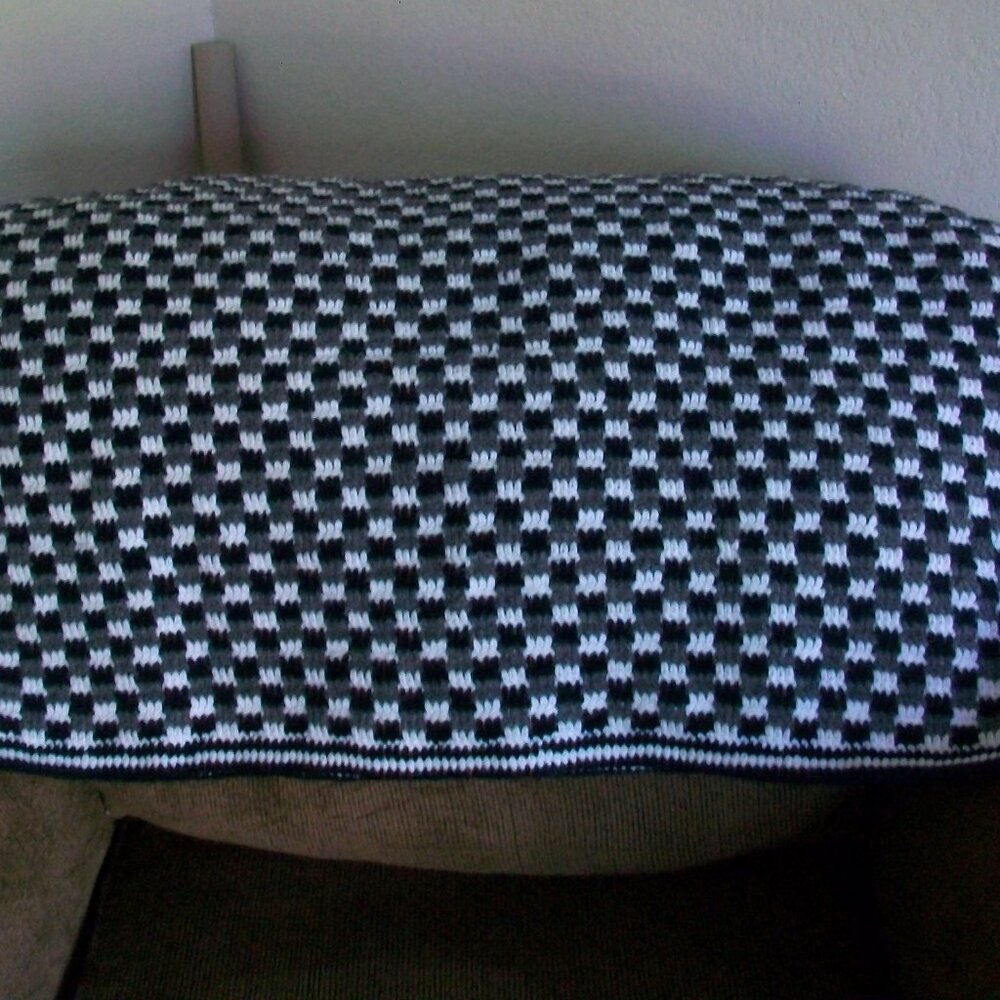 Handmade Crochet Black White Metallic Silver Gray Check  Afghan Throw 38" x 45"